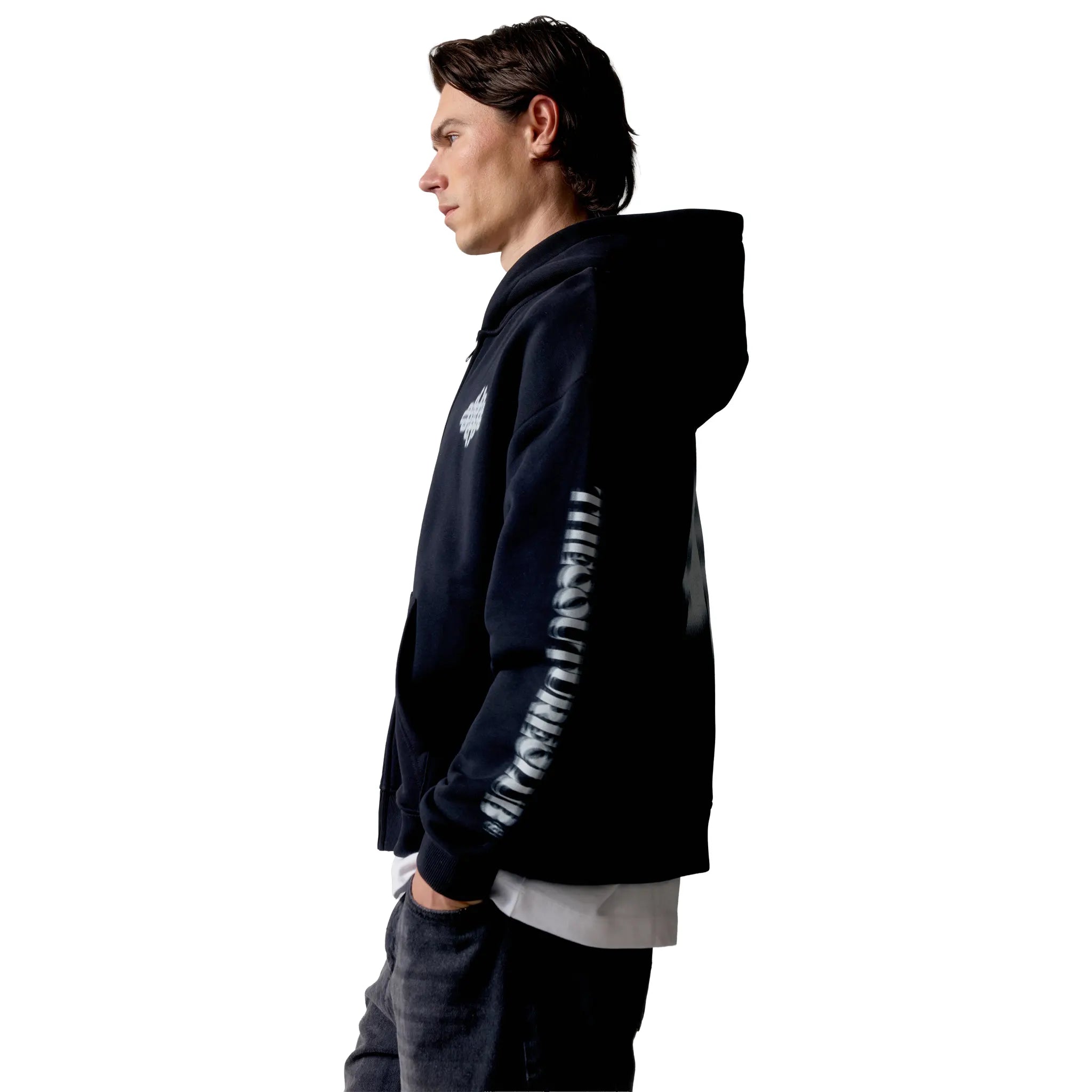 Side View of The Couture Club Motion Blurred Black Zip-Up Hoodie